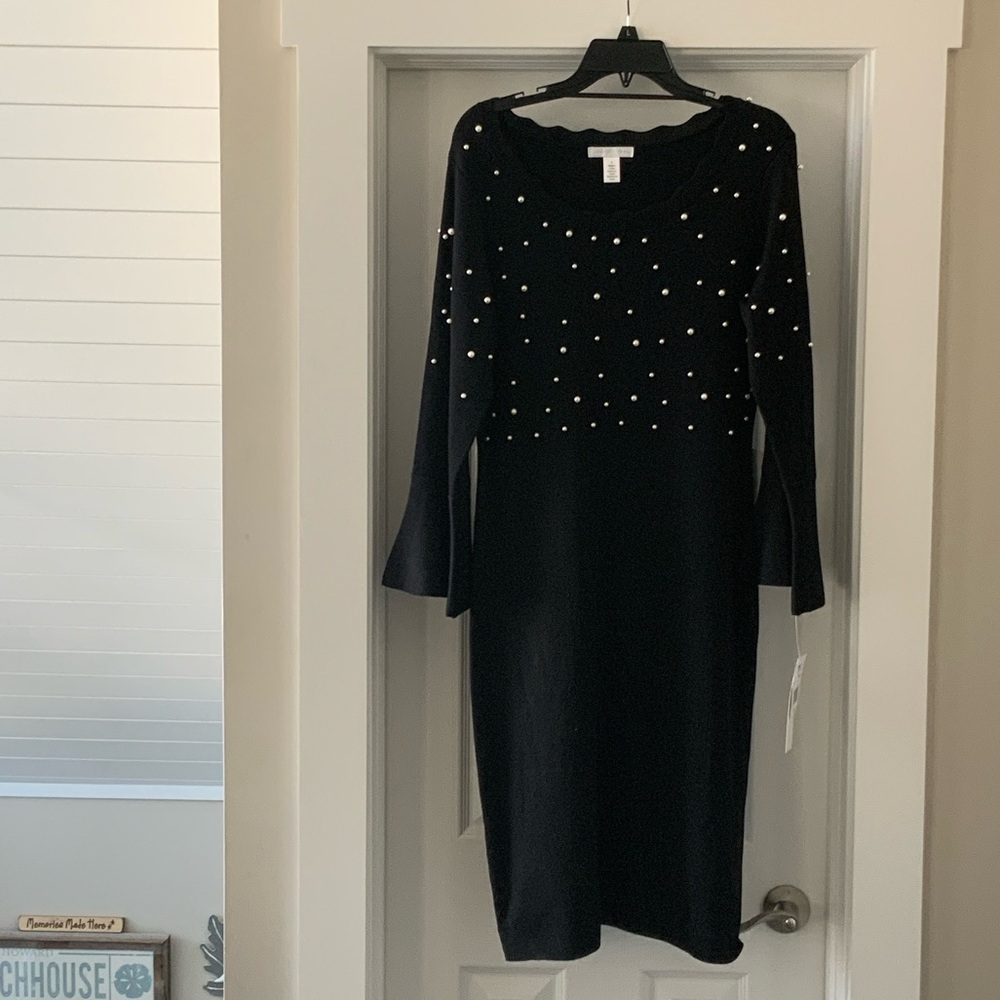London Times Black Knit Dress  White Pearl Accents Scalloped Neckline NWT Large